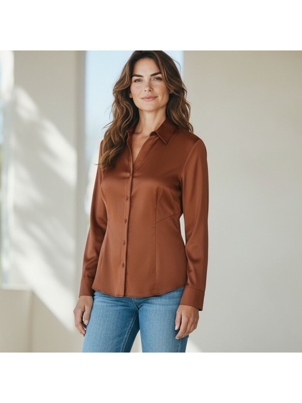 NWOT CHICO'S POLISHED COTTON RUSSET BROWN CLASSIC FITTED BUTTON-DOWN BLOUSE SZ L